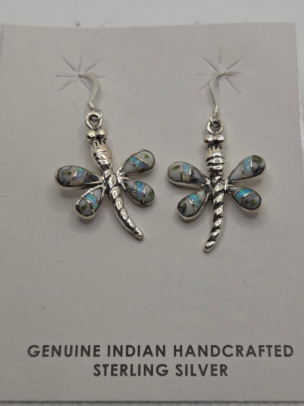 Southwest White Buffalo & Opal Sterling Silver Dragonfly Earrings